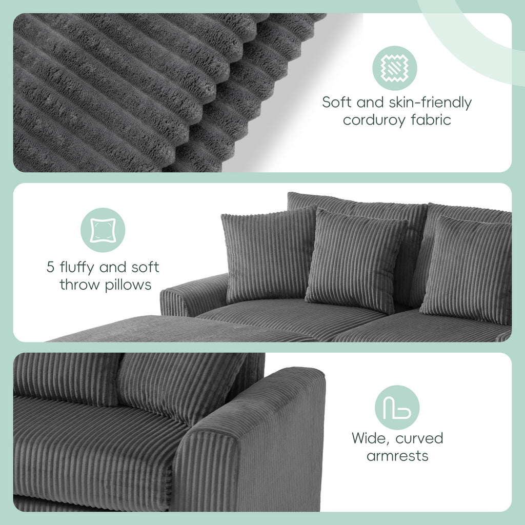 Modular Corduroy Sectional Sofa with Bluetooth Speakers, USB Charger, Cup Holders, Storage, and Ottoman in Dark Gray