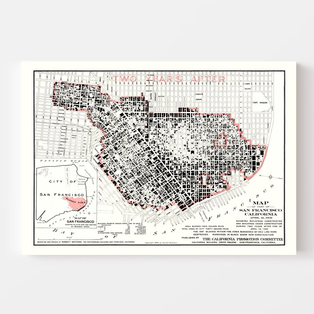 Vintage Map of San Francisco Post 1906 Fire (1908)