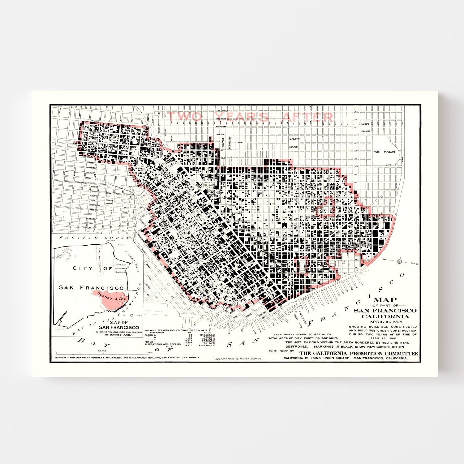 Vintage Map of San Francisco Post 1906 Fire (1908)