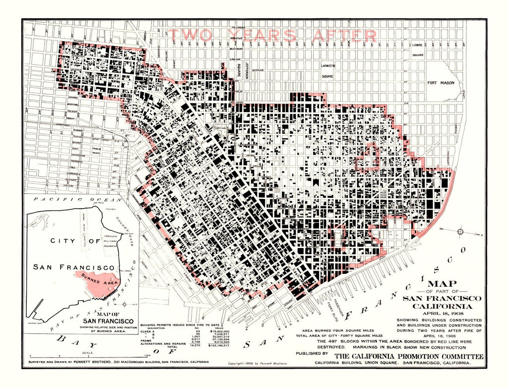 Vintage Map of San Francisco Post 1906 Fire (1908)