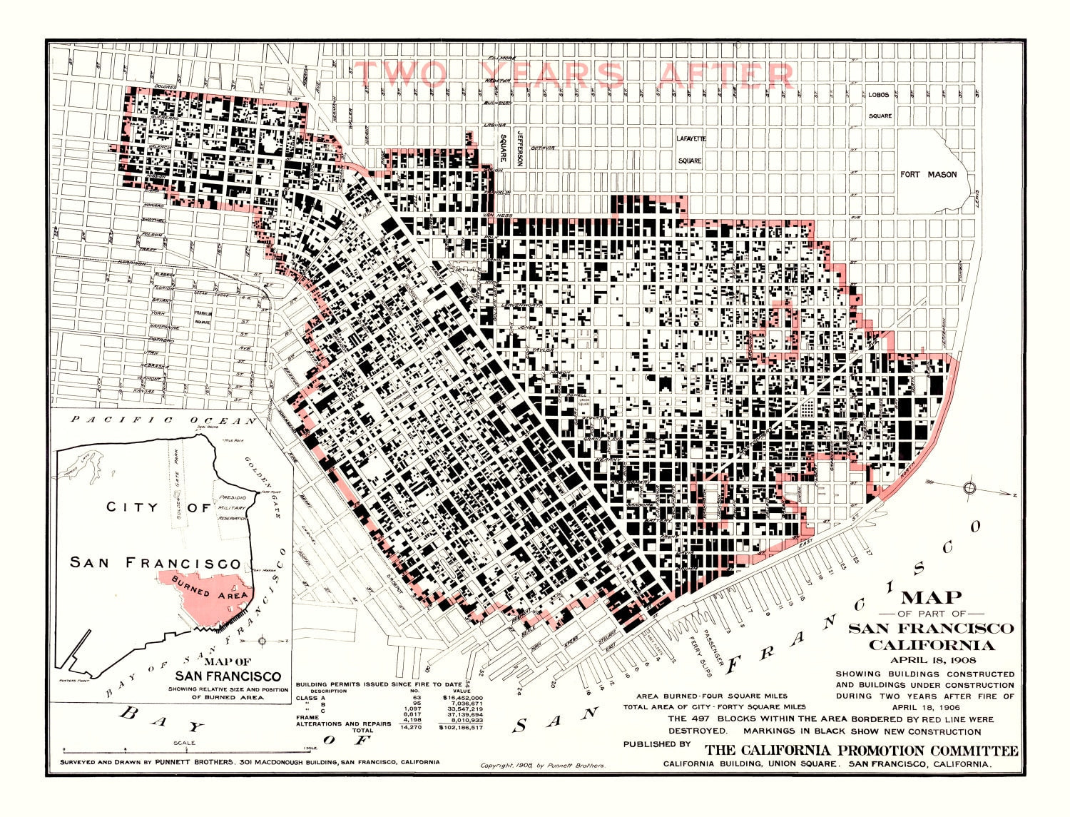 Vintage Map of San Francisco Post 1906 Fire (1908)
