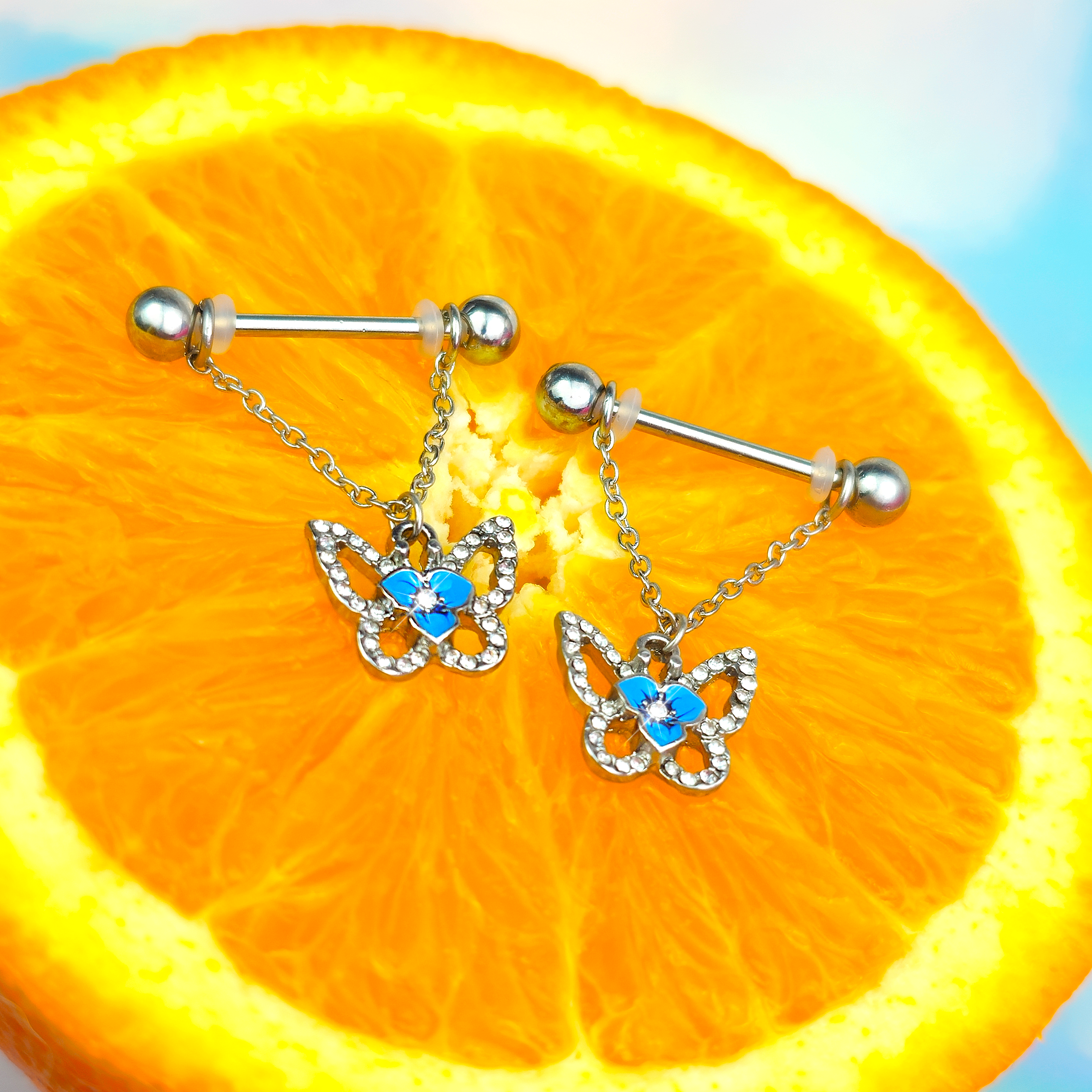 14G 9/16 Clear Gem Fabulous Butterfly Blue Dangle Nipple Ring Set