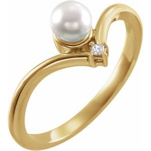 14K Yellow Gold Cultured White Akoya Pearl & .025 CTW Natural Diamond Ring
