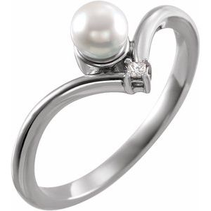 14K White Gold Cultured White Akoya Pearl & .025 CTW Natural Diamond Ring