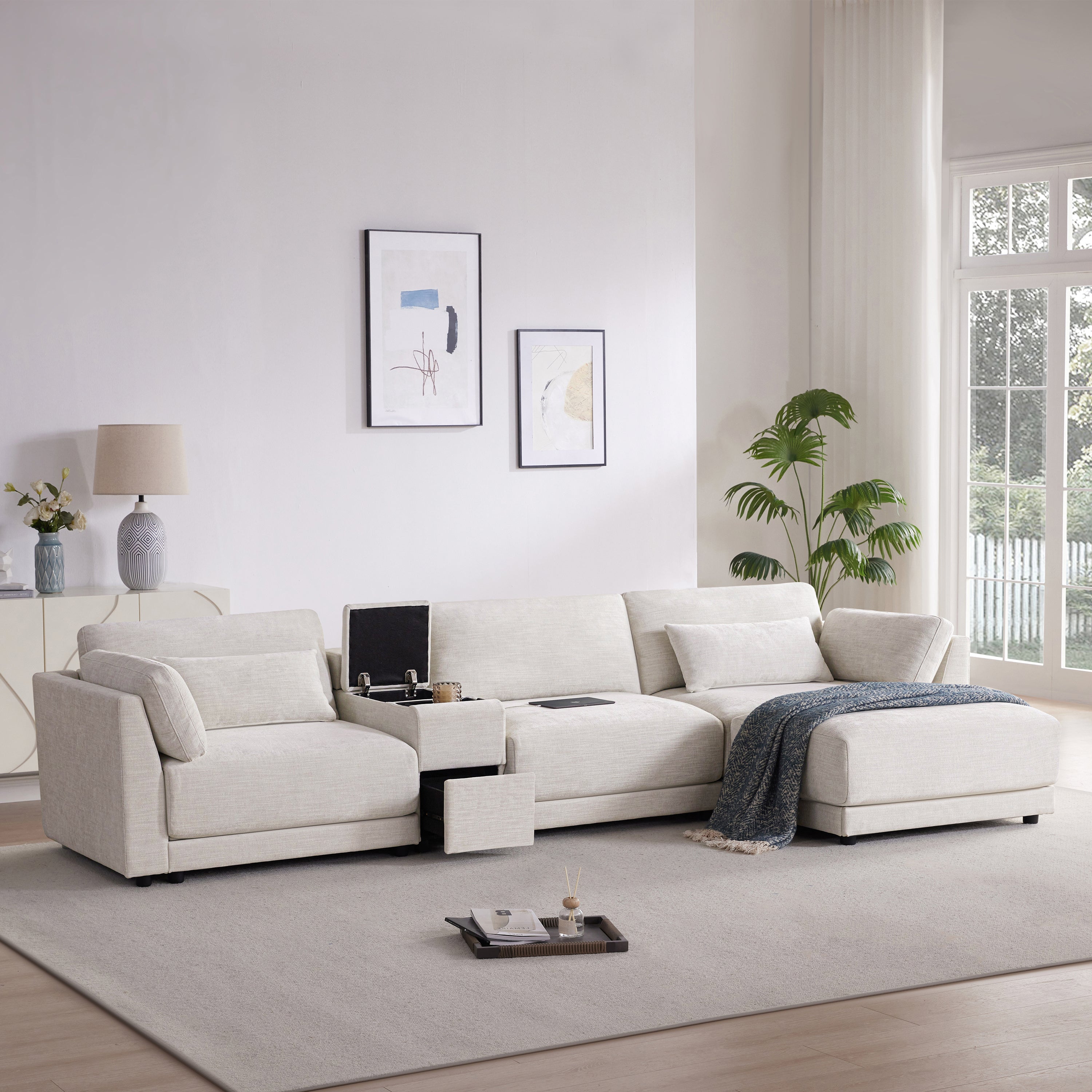 [VIDEO+NEW]124'' Modular Sectional Sofa with Storage Console and Movable Ottoman,33'' Wide Seat,4 Seat L Shaped Chenille Couch,Reversible Comfy Sofa with USB Charger for Living Room,Apartment,2 Colors