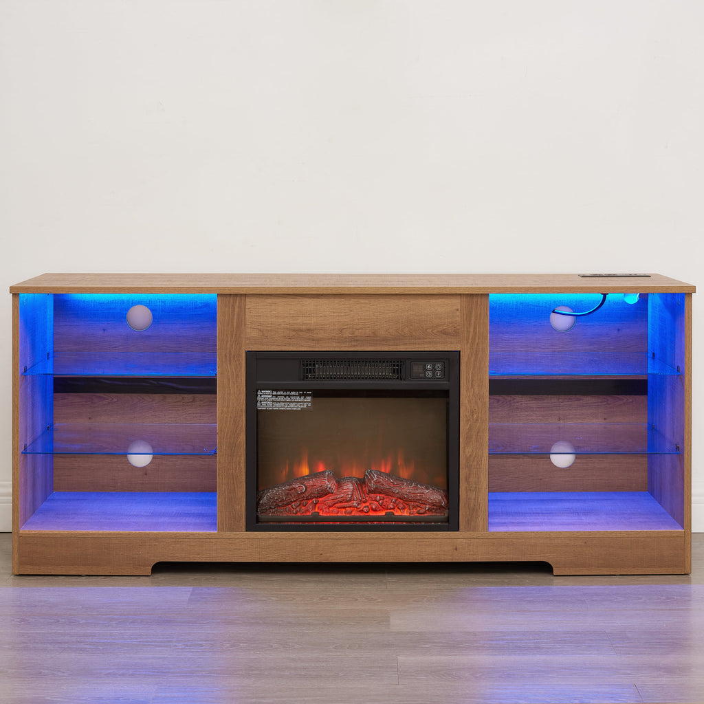 TV Stand Electric Fireplace TV Stand with Glass Shelves, 3D Fireplace TV Stand with LED Lights Wood with USB Charging Outlet Modern Television Table Center for TV up to 32-62' OAK 58'W*15.4''D*24.4