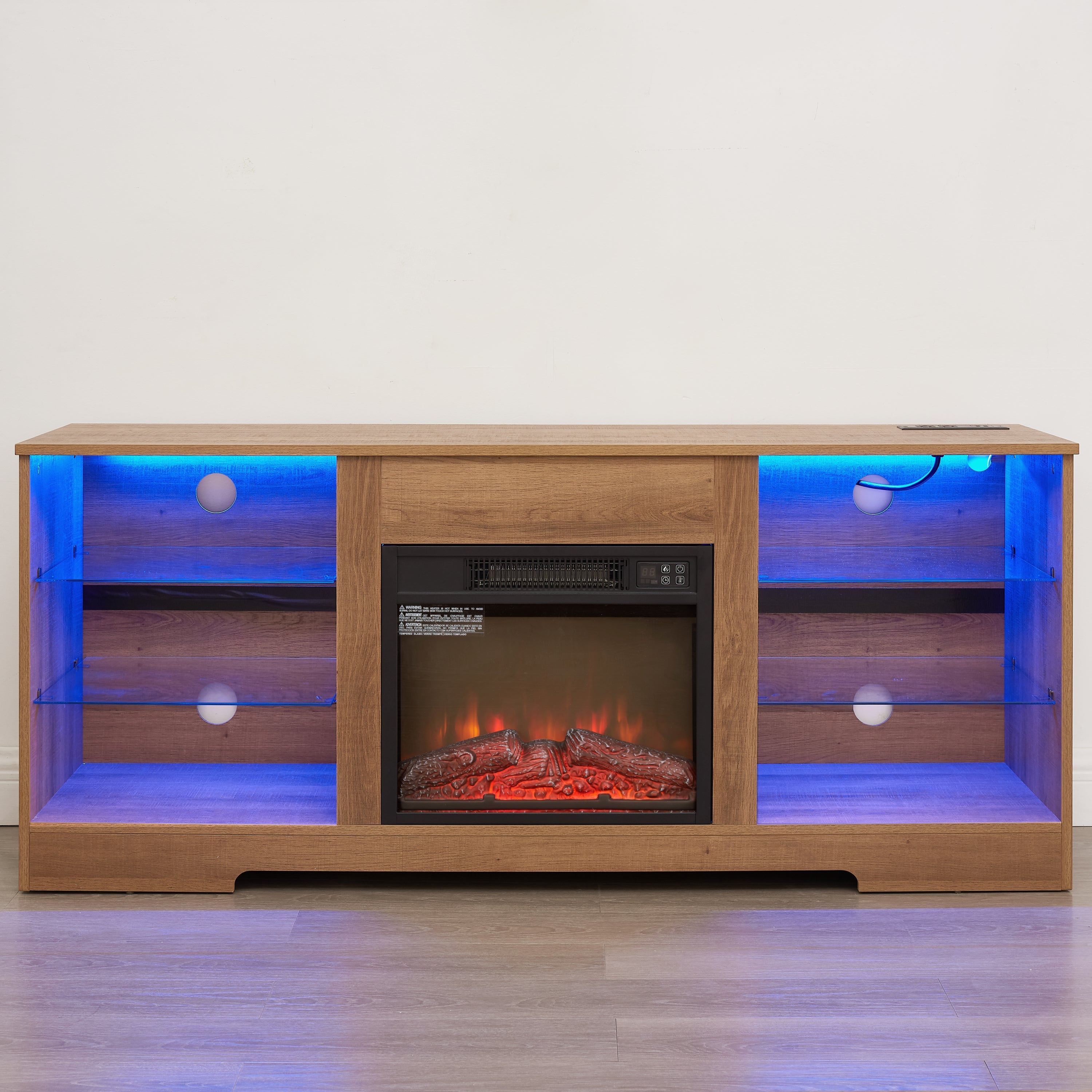 TV Stand Electric Fireplace TV Stand with Glass Shelves, 3D Fireplace TV Stand with LED Lights Wood with USB Charging Outlet Modern Television Table Center for TV up to 32-62' OAK 58'W*15.4''D*24.4