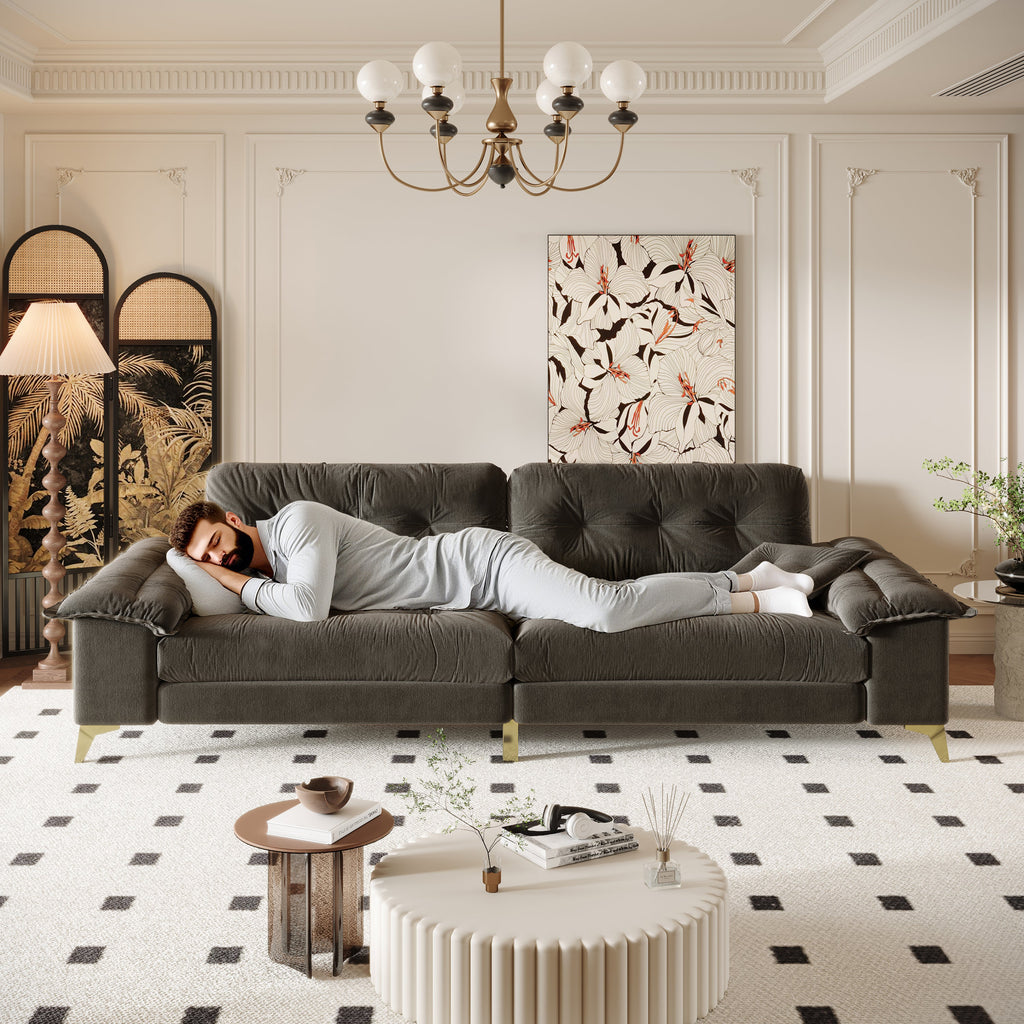 104.7 ' Modern 4-Seat Cloud Sofa with Wide Removable Armrests, Tufted Sofa with Metal Legs,Comfy Chenille Upholstered Couch with 2 Pillows for Living Room,Bedroom,Apartment, Office,Studio,Dark Gery