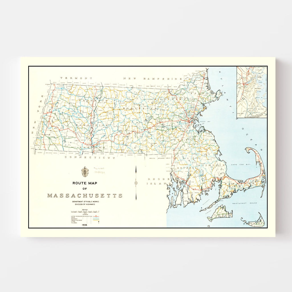 Vintage Map of Massachusetts 1926