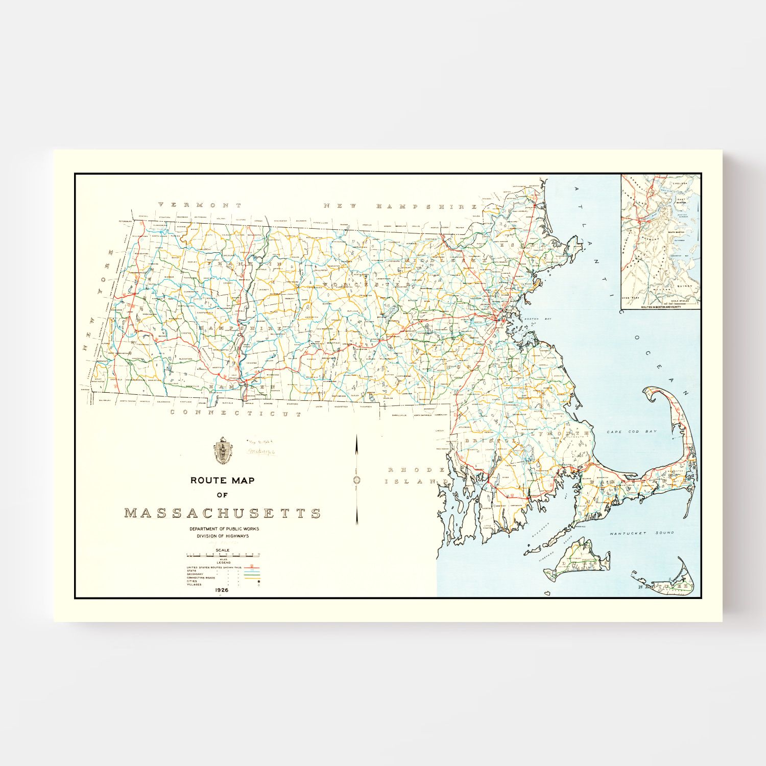 Vintage Map of Massachusetts 1926