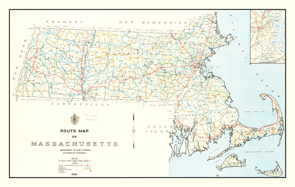 Vintage Map of Massachusetts 1926