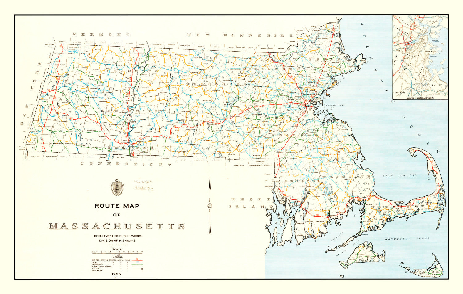 Vintage Map of Massachusetts 1926