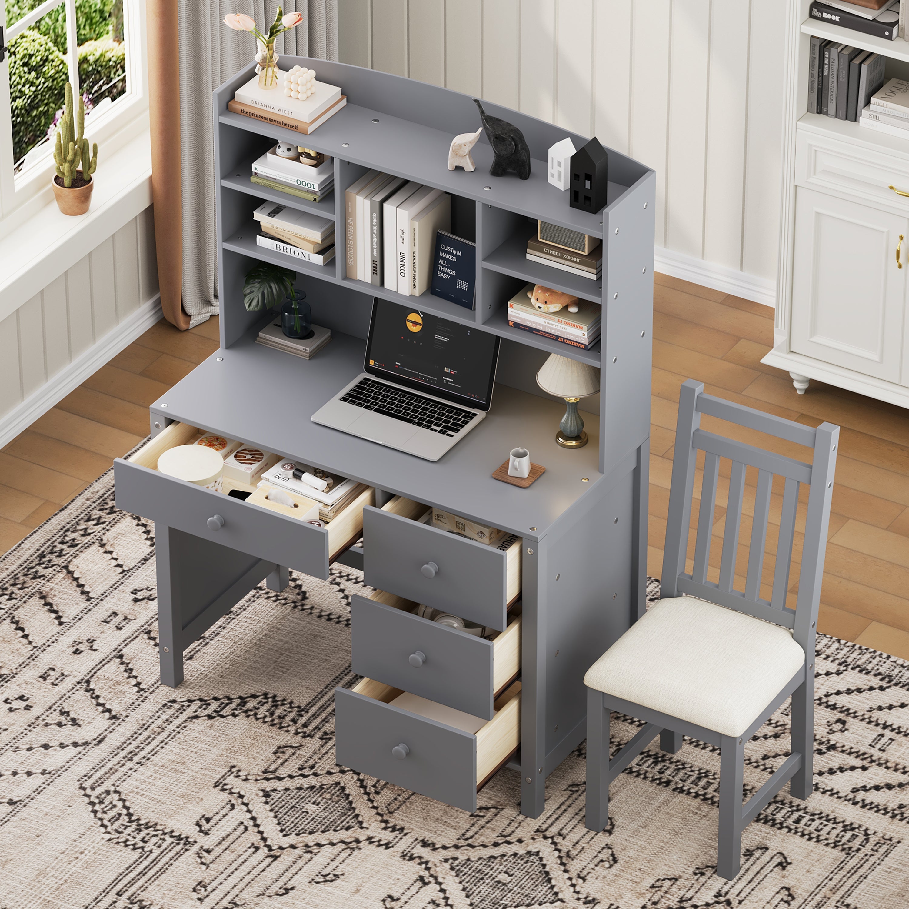 Vintage 40'' Home Executive Desk and Upholstered Chair Set with Bookshelf, Computer Desk with Four Drawers, Storage Shelf, and Chair, Ideal for Office or Study in Bedroom or Living Room, Gray