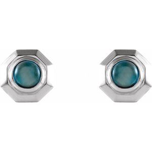 14K White Gold Natural London Blue Topaz Geometric Cabochon Earrings – image 2