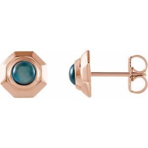 14K Rose Gold Natural London Blue Topaz Geometric Cabochon Earrings