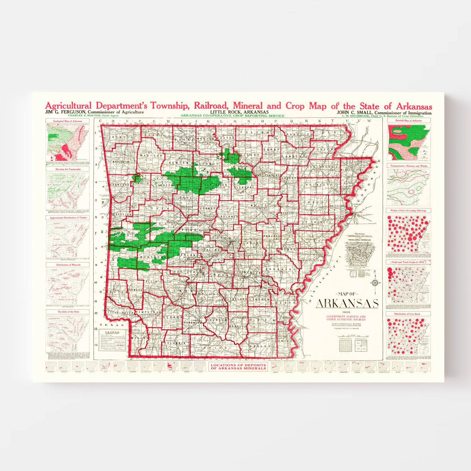 Vintage Map of Arkansas 1919