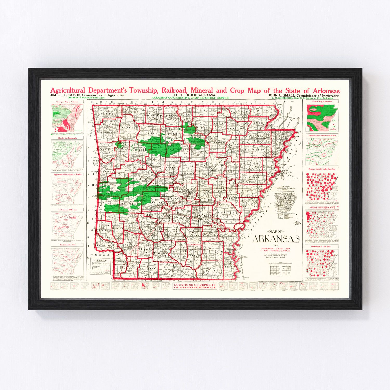 Vintage Map of Arkansas 1919