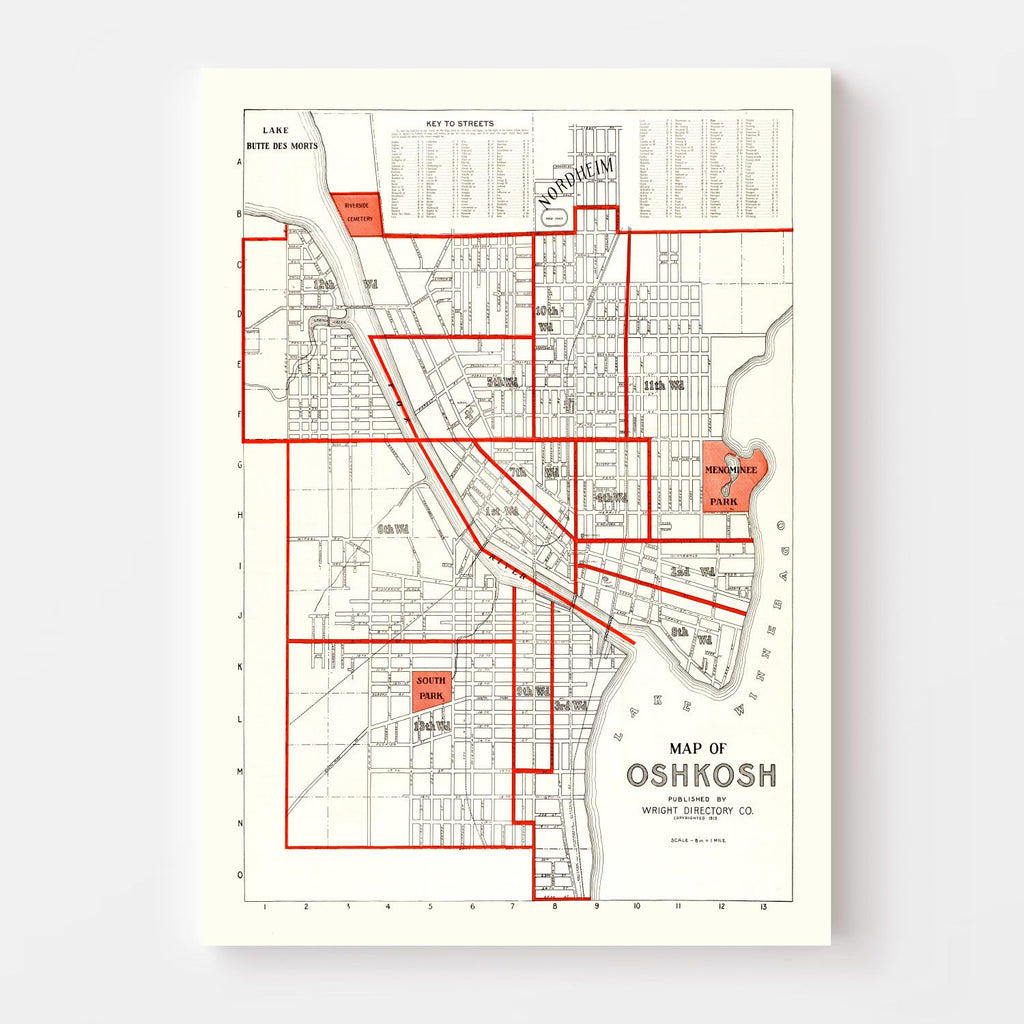Vintage Map of Oshkosh, Wisconsin 1919