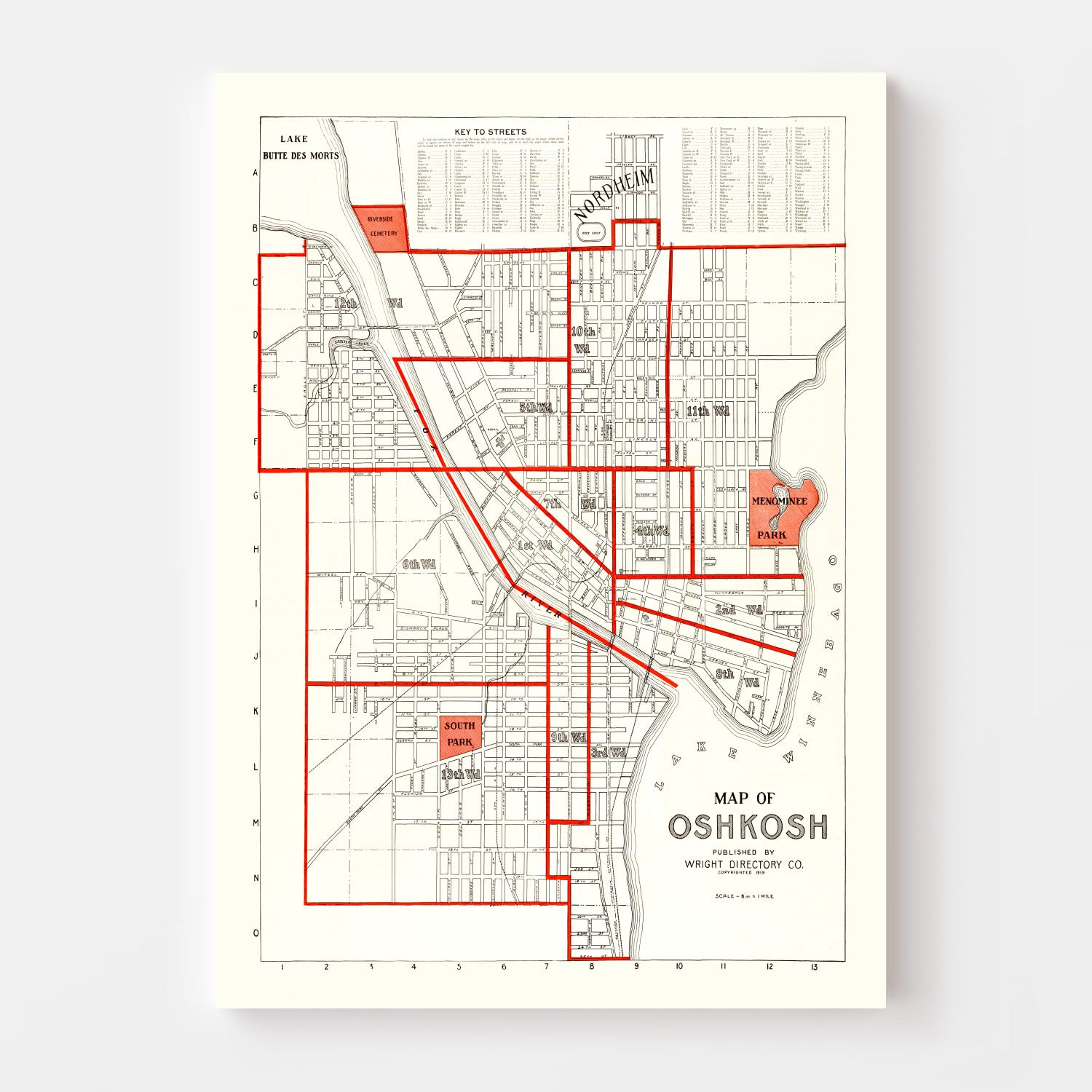 Vintage Map of Oshkosh, Wisconsin 1919