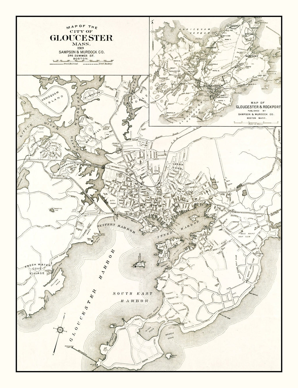 Vintage Map of Gloucester, Massachusetts 1919