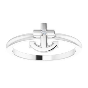 14K White Gold .01 CT Natural Diamond Cross Anchor Ring