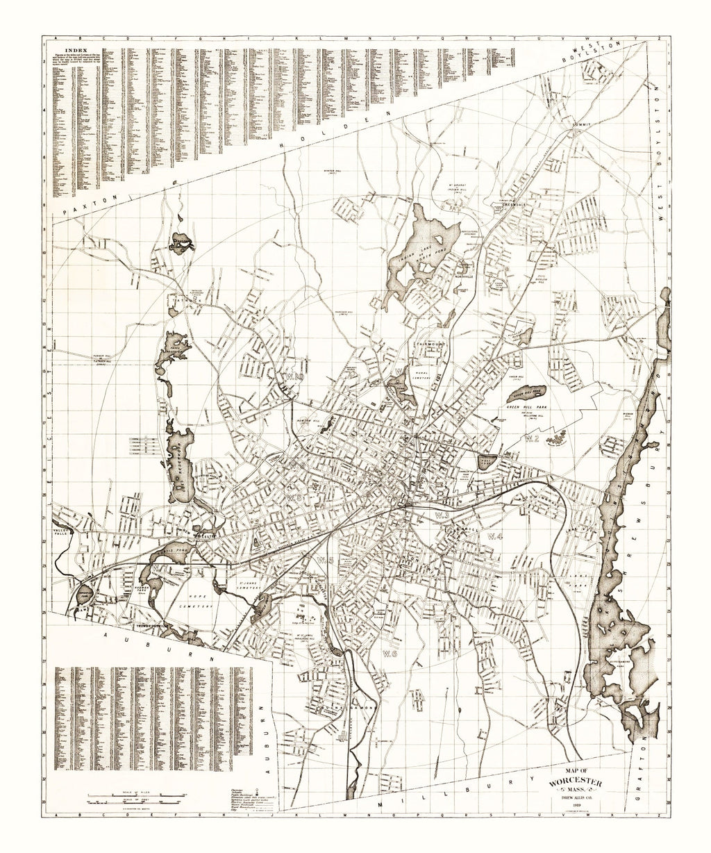 Vintage Map of Worcester, Massachusetts 1919