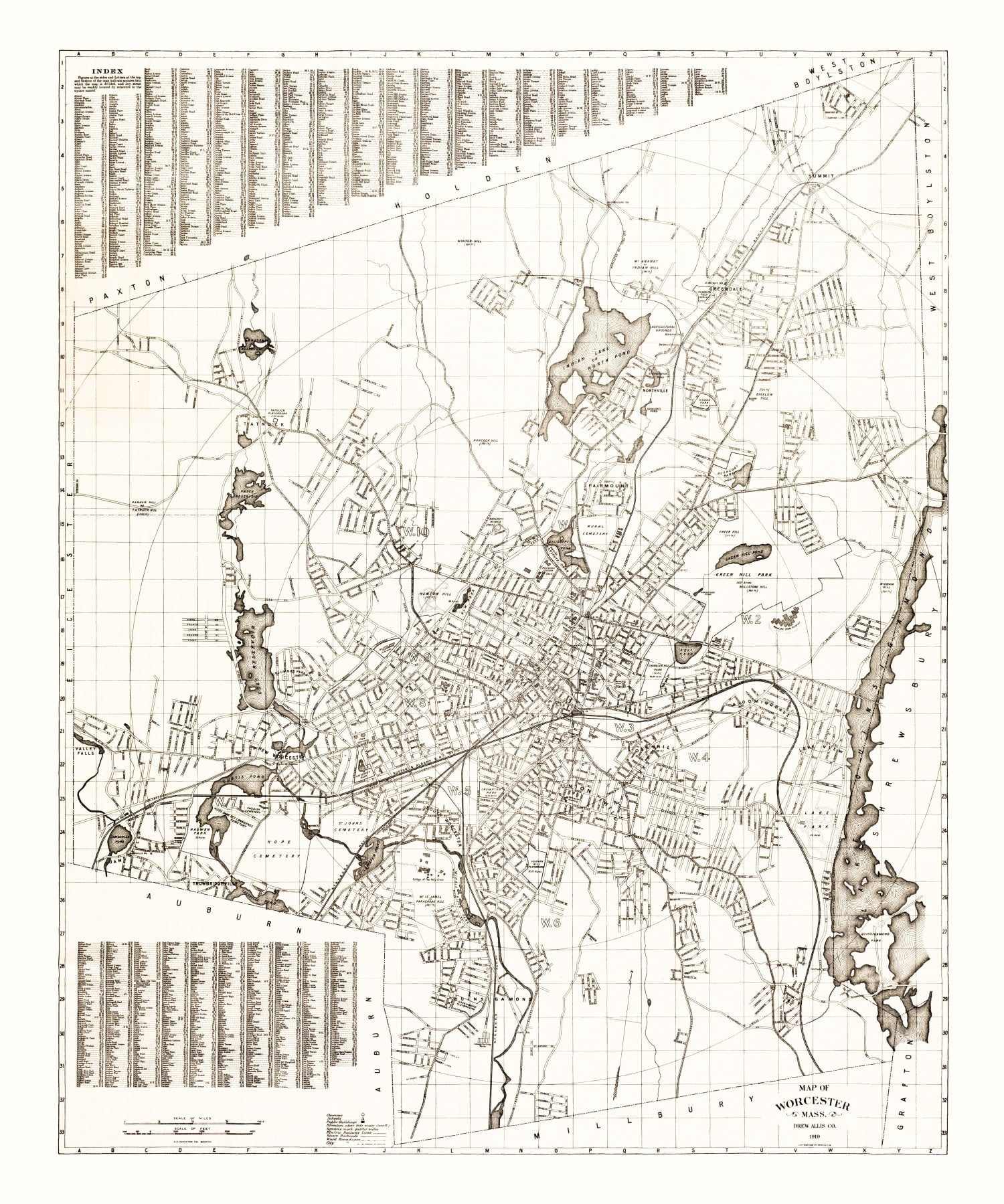 Vintage Map of Worcester, Massachusetts 1919
