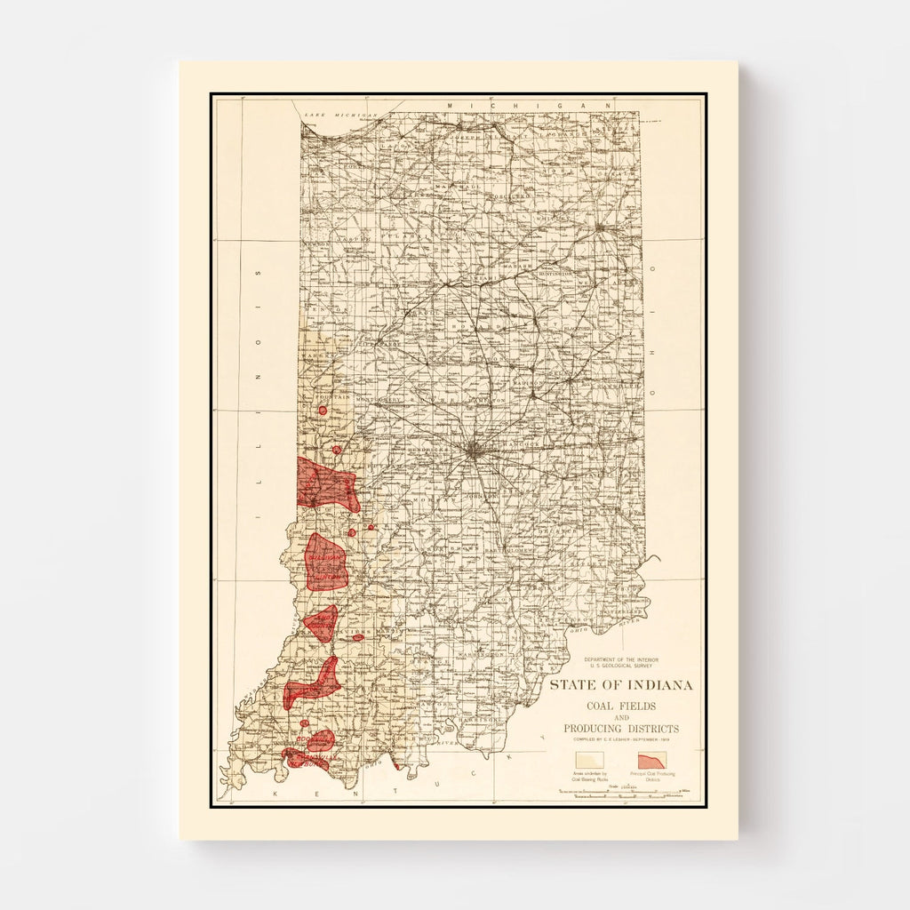 Vintage Map of Indiana Coal Fields, 1919