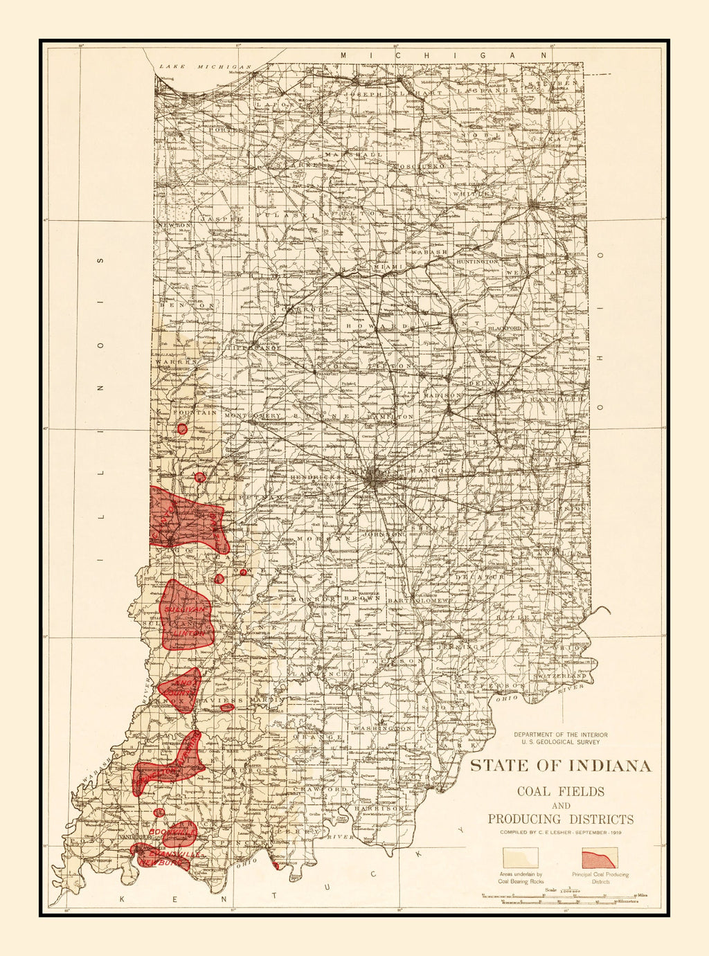 Vintage Map of Indiana Coal Fields, 1919