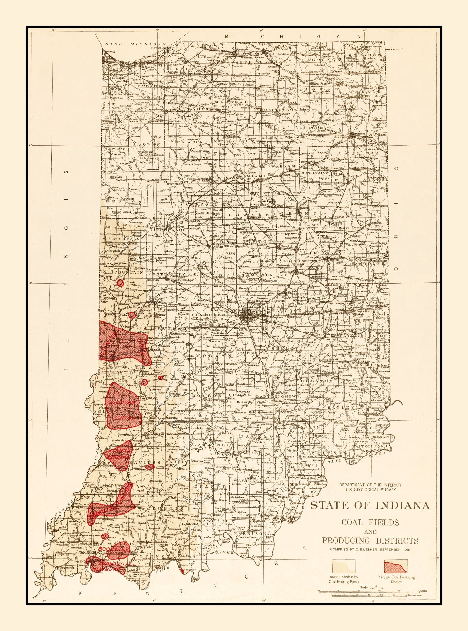 Vintage Map of Indiana Coal Fields, 1919
