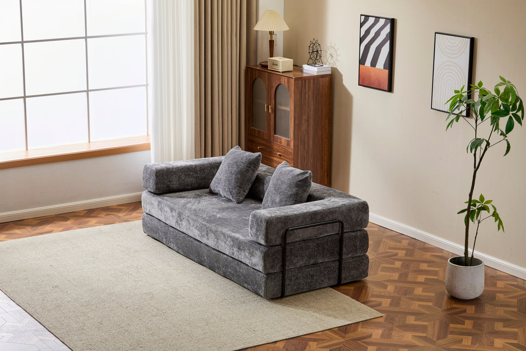 Floor Couch,Compression Sofa,Convertible Floor Sofa Bed-with Pillow Back Support Armrest,Comfy Futon Couch Lounge Sleeper Bed,Chenile fabric,for Living Room Bedroom (DARK-GREY)