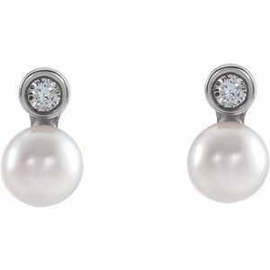 Platinum Cultured White Akoya Pearl & .03 CTW Natural Diamond Earrings