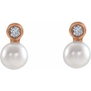 14K Rose Gold Cultured White Akoya Pearl & .03 CTW Natural Diamond Earrings