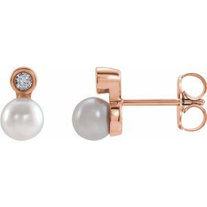 14K Rose Gold Cultured White Akoya Pearl & .03 CTW Natural Diamond Earrings