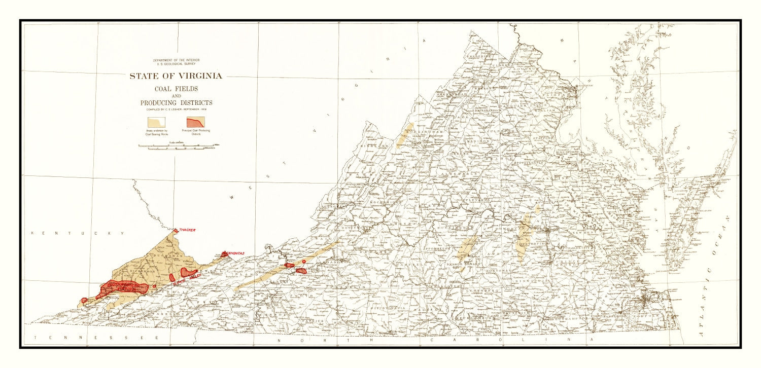 Vintage Map of Virginia Coal Fields, 1919