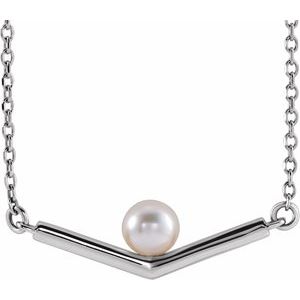Platinum Cultured White Akoya Pearl V 16" Necklace