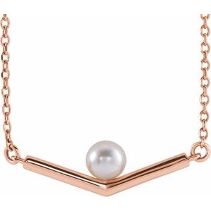 14K Rose Gold Cultured White Akoya Pearl V 18" Necklace