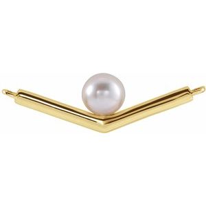 14K Yellow Gold Cultured White Akoya Pearl V Necklace Center