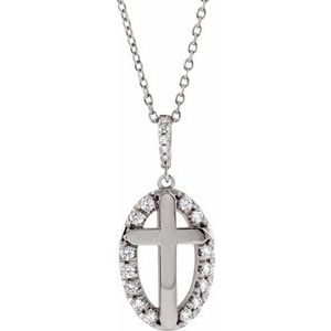 14K White Gold 1/5 CTW Natural Diamond Halo-Style Cross 16-18" Necklace