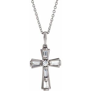 Sterling Silver 3/8 CTW Natural Diamond Baguette Cross 16-18" Necklace