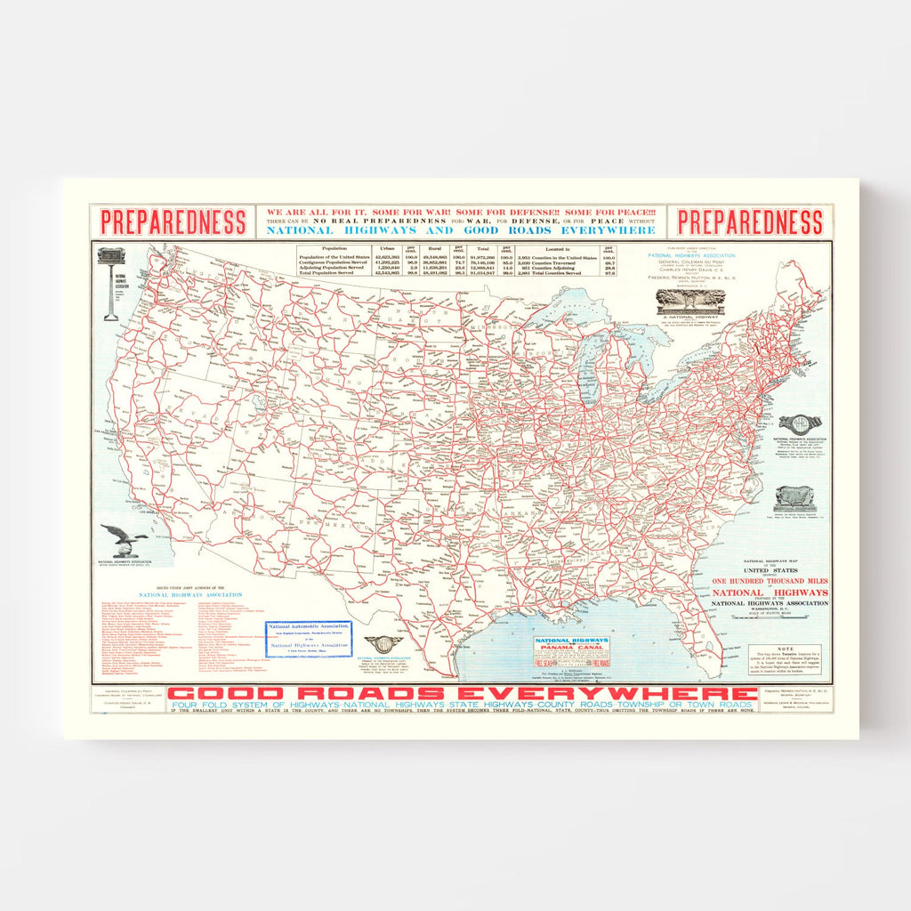 Vintage Highway Map of the United States, 1915