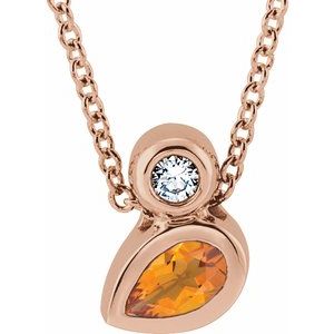 14K Rose Gold 5x3 mm Pear Natural Citrine & .03 CT Natural Diamond 16-18" Necklace