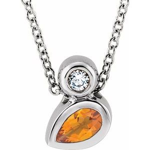 Platinum 5x3 mm Pear Natural Citrine & .03 CT Natural Diamond 16-18" Necklace