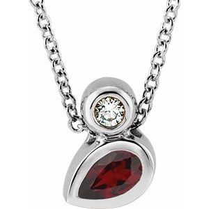 14K White Gold 5x3 mm Pear Natural Mozambique Garnet & .03 CT Natural Diamond 16-18" Necklace