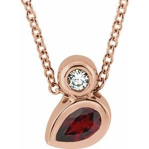 14K Rose Gold 5x3 mm Pear Natural Mozambique Garnet & .03 CT Natural Diamond 16-18" Necklace