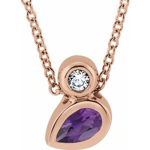14K Rose Gold 5x3 mm Pear Natural Amethyst & .03 CT Natural Diamond 16-18" Necklace