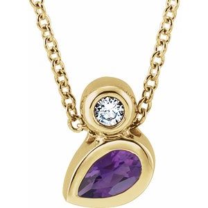 14K Yellow Gold 5x3 mm Pear Natural Amethyst & .03 CT Natural Diamond 16-18" Necklace