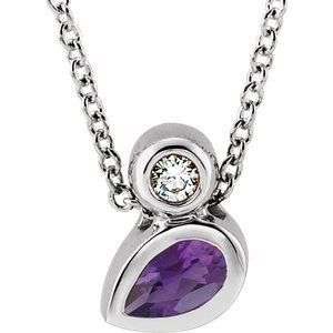 Sterling Silver 5x3 mm Pear Natural Amethyst & .03 CT Natural Diamond 16-18" Necklace