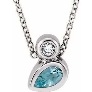 Sterling Silver 5x3 mm Pear Natural Aquamarine & .03 CT Natural Diamond 16-18" Necklace