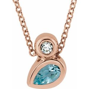 14K Rose Gold 5x3 mm Pear Natural Aquamarine & .03 CT Natural Diamond 16-18" Necklace